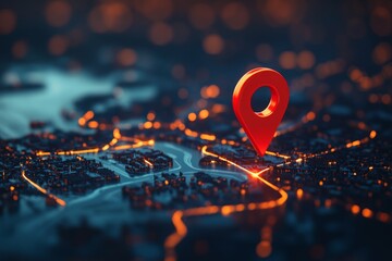 Red pin marks location on illuminated city map