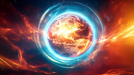 Obraz premium A glowing earth at the center of vibrant, swirling energy rings. bright light bursts radiate outward, suggesting technological advancement or cosmic power. Magnetic Light Resonance. Illustration