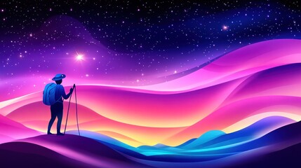Fototapeta premium Hiker Silhouette at Night Stunning Vibrant Landscape