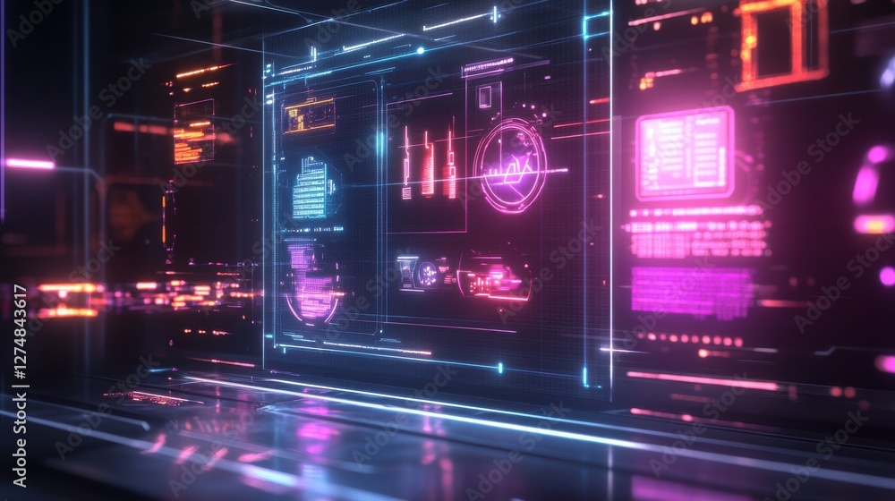 Poster futuristic digital interface with colorful data visualization elements