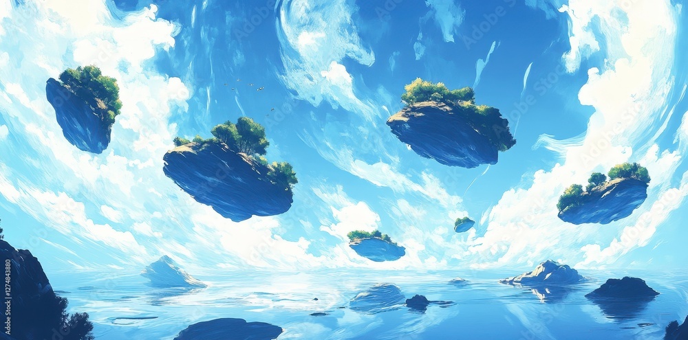Poster floating islands with trees hover above a tranquil sea