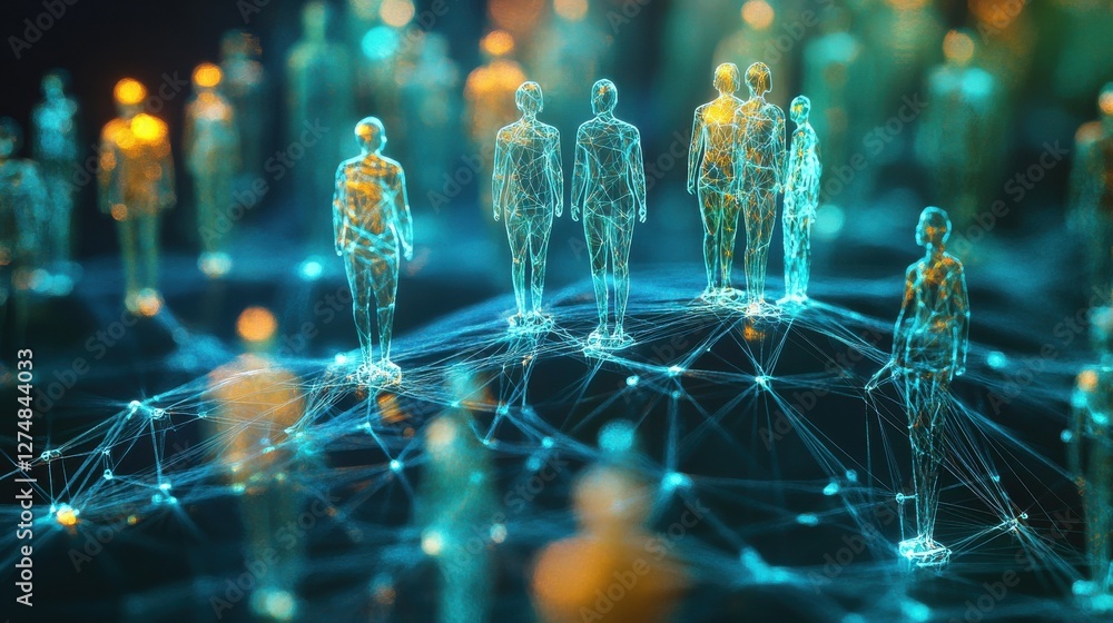 Poster digital representation of human figures connected by network lines