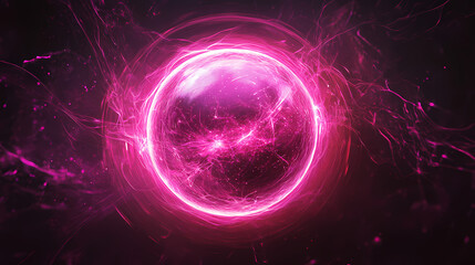 Obraz premium Abstract glowing pink orb with a ring of light and glowing particles in a dark background. Magnetic Light Resonance. Illustration