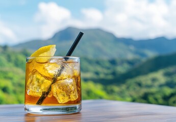 Refreshing Cocktail with Lemon Slice Against Scenic Green Background