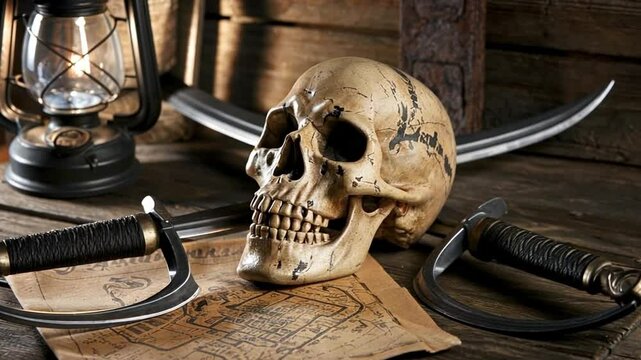 A weathered skull and crossed cutlasses on a wooden table, illuminated by a flickering lantern's shadows.