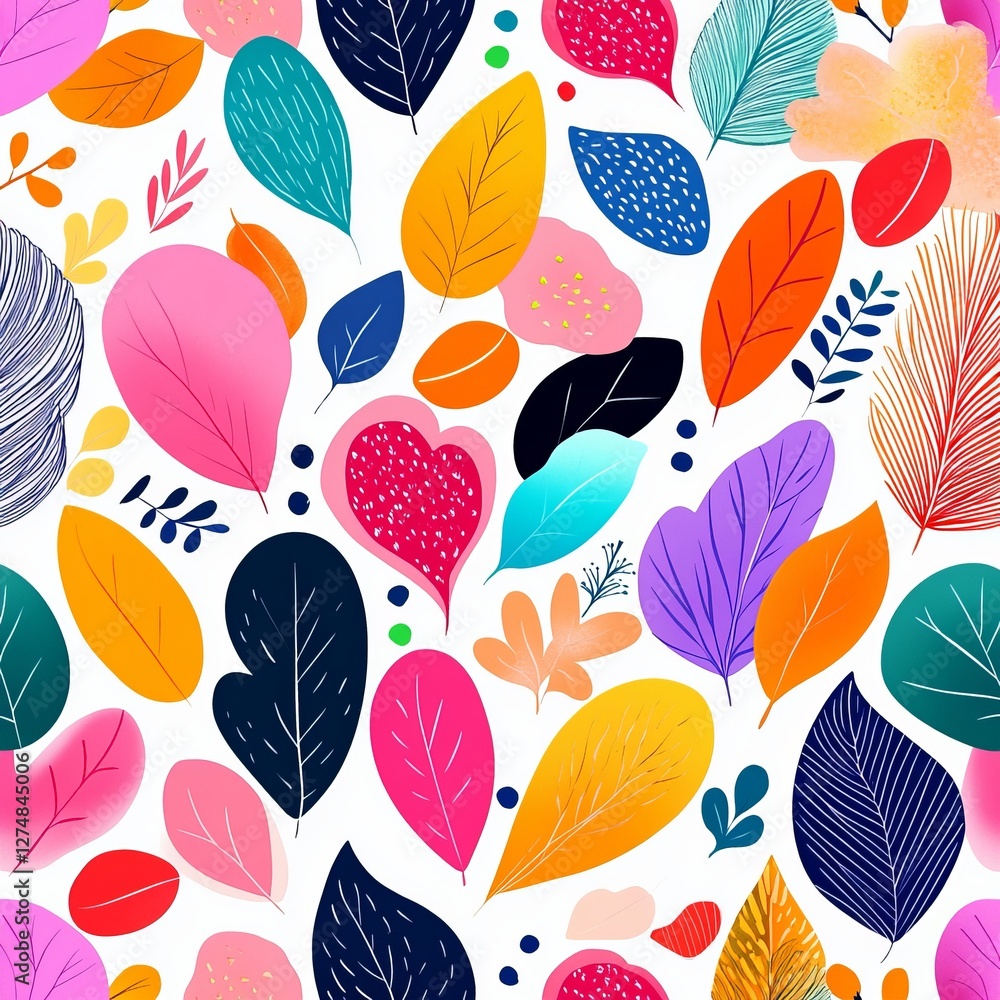 Aufkleber vibrant leaf pattern: a colorful array of stylized leaves in various shapes, sizes, and hues, creati