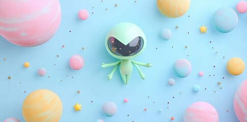 Fototapeta premium Cute alien surrounded by pastel planets and golden stars