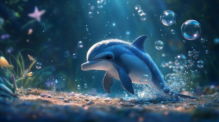 Fototapeta premium Enchanting underwater scene featuring a playful dolphin amidst bubbles