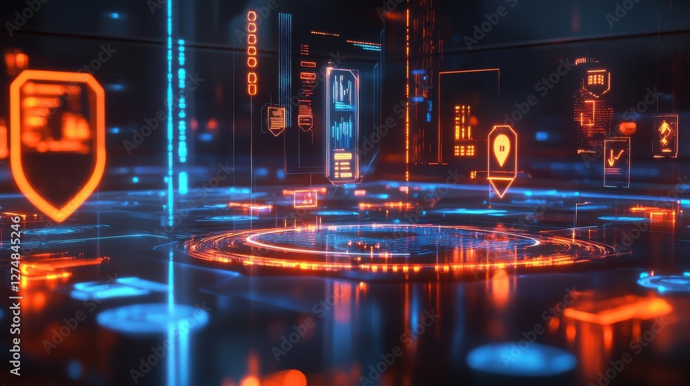 Aufkleber futuristic digital interface with neon lights and data visualization