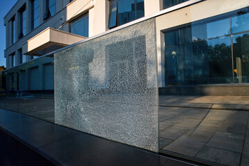 Broken safety glass railing in commercial building, structural damage and urban architectural...