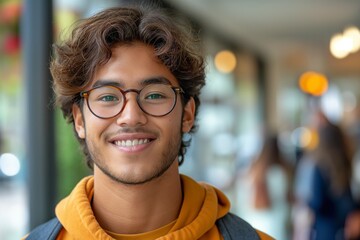 Fototapeta premium A smiling young Hispanic male with curly hair wearing glasses and an orange hoodie, standing indoors with soft background lighting.
