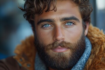 A handsome young Caucasian man with curly hair and piercing blue eyes, showcasing a warm and approachable expression.