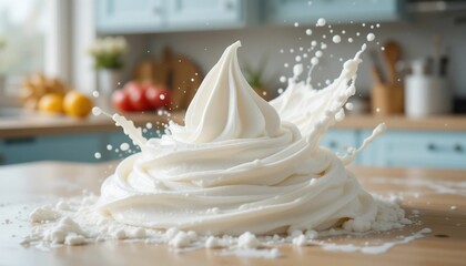 Delicious Whipped Cream Splash on Wooden Table Kitchen Background