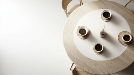 Elegant minimalist coffee setup on round table with chairs