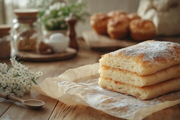 Freshly baked bread stacked on parchment paper, surrounded by soft lighting and rustic bakery elements.