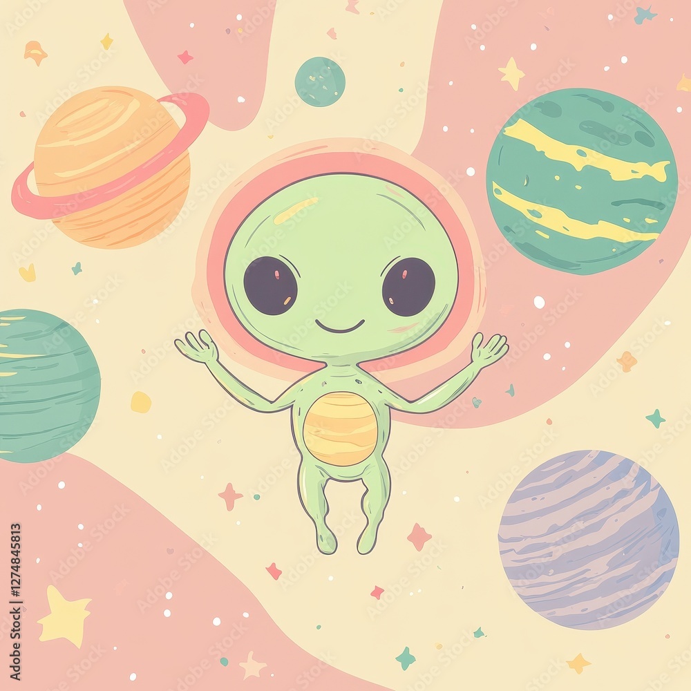 Poster cartoon alien with planets and stars floating in outer space