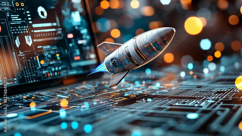 Aufkleber rocket simulation on a digital interface with neon lights and futuristic elements
