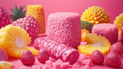 Colorful arrangement of pink and yellow food items on a vibrant pink background, showcasing textures