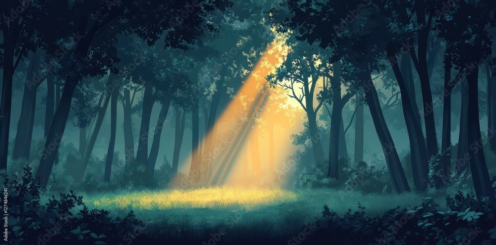 Poster sunlight shines through trees illuminating a patch of grass