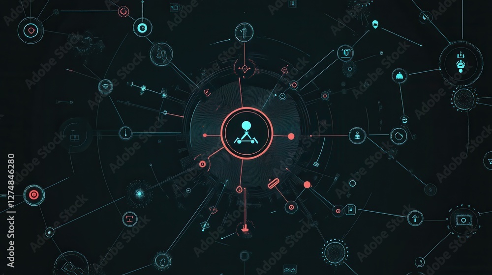 Poster abstract digital network connection with icons and nodes visual