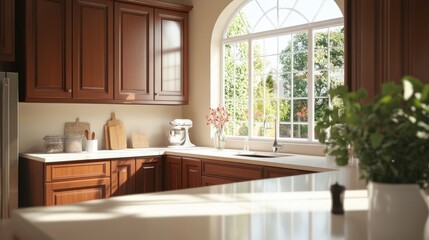 Sunlit kitchen interior with rich wood cabinetry, white countertops, and a large arched window overlooking a garden. Warm, natural light illuminates the scene, highlighting the details of the kitchen