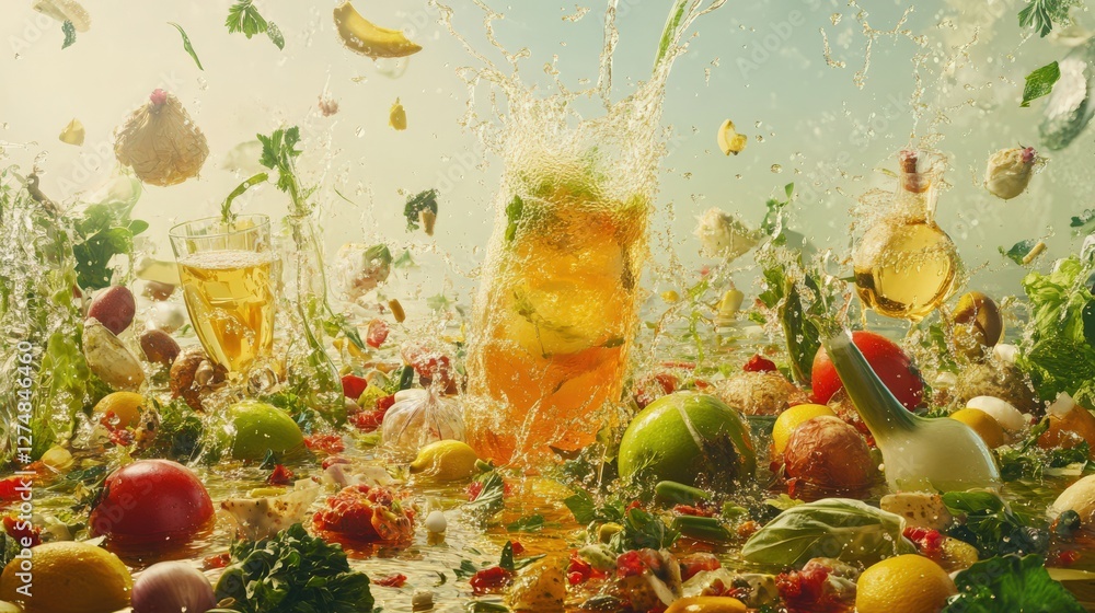 Aufkleber vibrant splash of fruit-infused beverages amidst a colorful array of fresh ingredients in a dynamic 