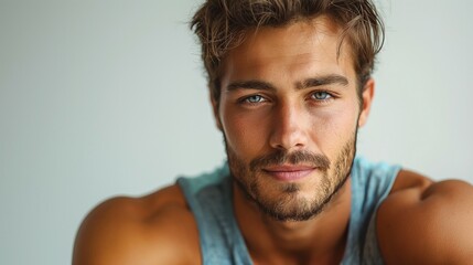 Obraz premium A handsome young man of Caucasian descent with striking blue eyes and a beard, exuding confidence and charisma.