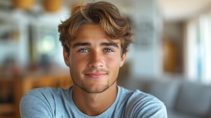 A handsome young Caucasian male with tousled hair and striking blue eyes sitting in a cozy, well-lit indoor setting.