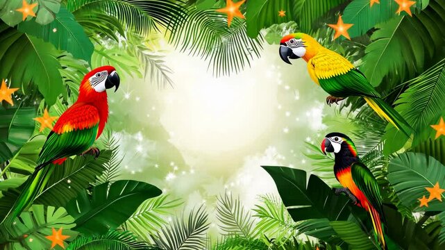 Colorful parrots surrounded by lush tropical foliage in a vibrant jungle setting during daylight