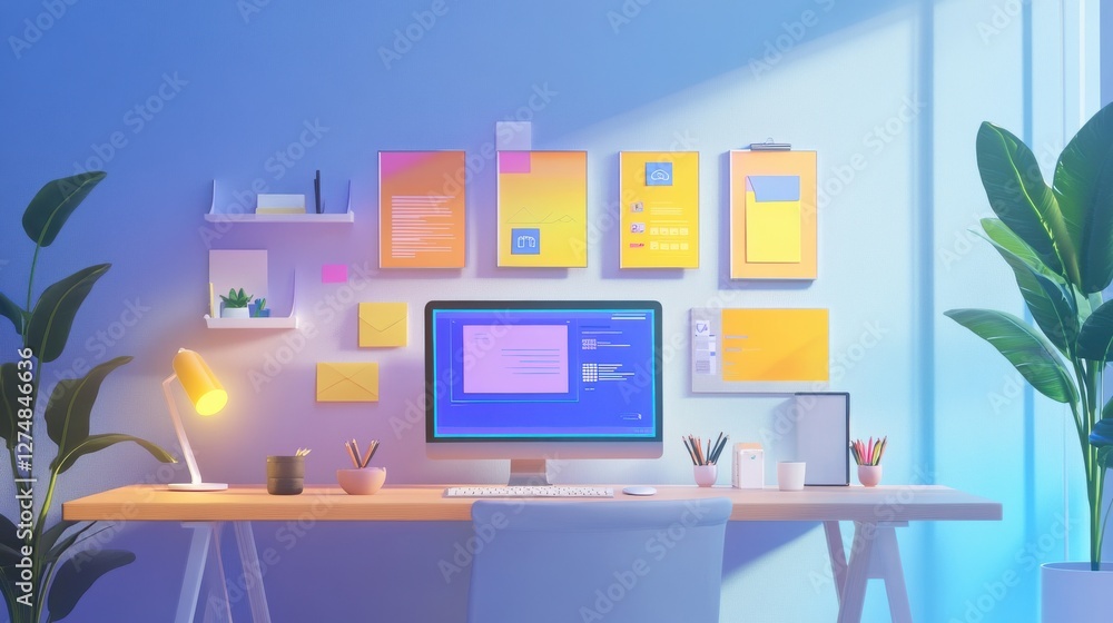 Poster modern desk setup with monitor and colorful wall art design