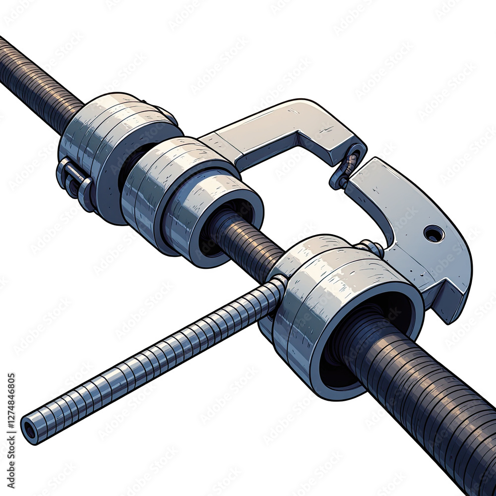 Poster closeup of sleek metal pipe clamp on gray and transparent background. a close up of a l object on a 
