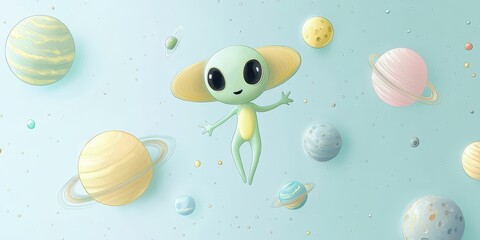 Cute alien character surrounded by colorful planets in space