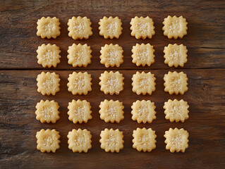 Neatly arranged square golden shortbread cookies sprinkled with sugar lay on a textured wooden surface.