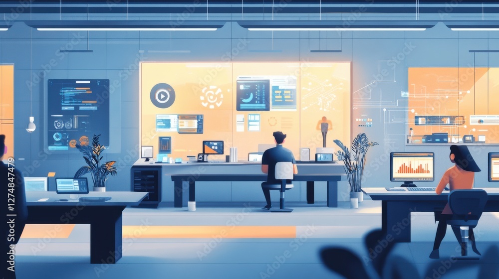 Poster modern office space with technology and data analysis screen