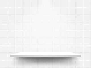 Bathroom shelf. Tiled wall with empty podium. Kitchen ceramic mosaic with white stage. Square tiles and platform. 3d bathroom interior mockup. Vector illustration.
