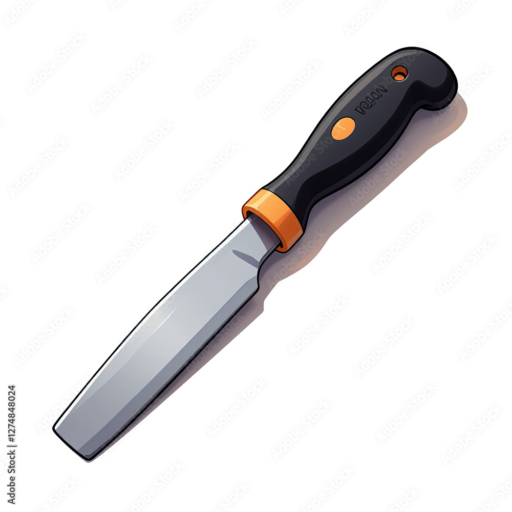 Poster ergonomic black & orange handle knife: precise cutting tool with stylish design. a knife with an han