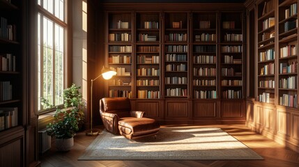 Sunlit Library with Leather Chair and Bookcases