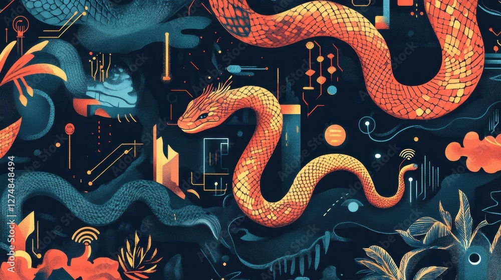 Poster Colorful Abstract Snake Design with Futuristic Elements and Patterns