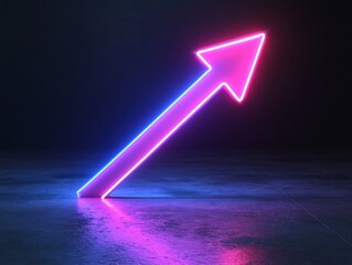 Glowing neon arrow pointing upward, dark studio, growth concept
