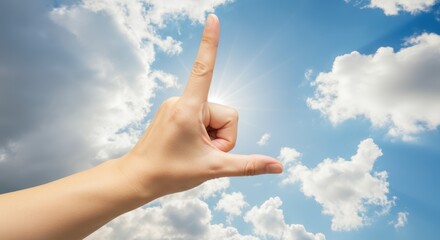Caucasian hand gesturing l symbol in bright sky with fluffy clouds