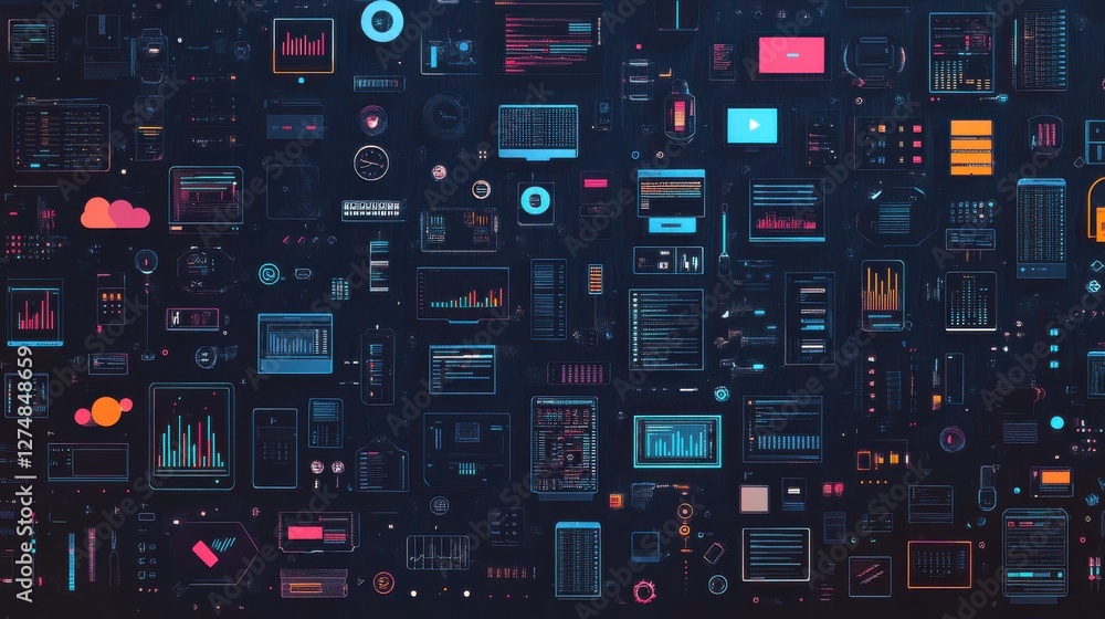 Poster abstract digital data interface with charts, graphs and displays