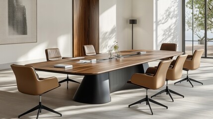 Fototapeta premium Modern Conference Room with Elegant Wooden Table and Chairs