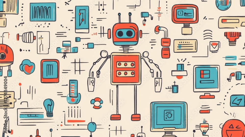 Poster colorful retro robot design with digital elements and icons
