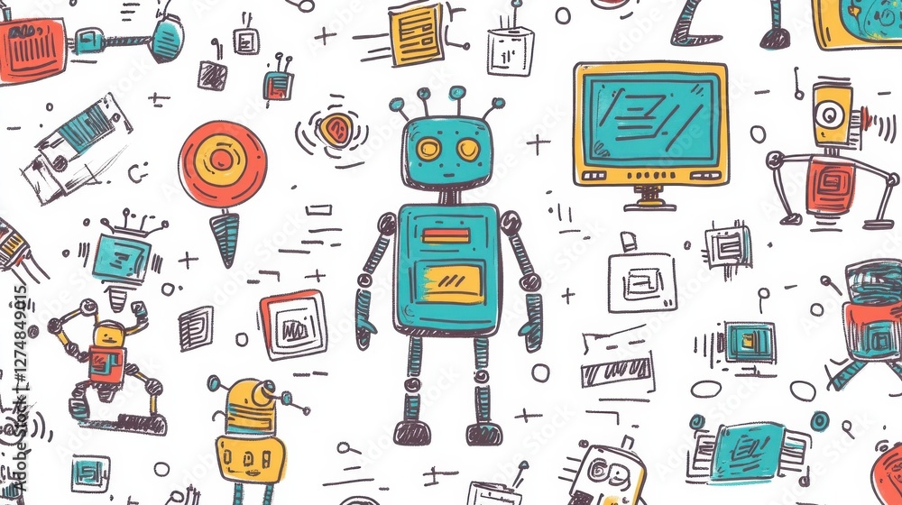 Poster colorful doodle pattern of robots and technology items for background