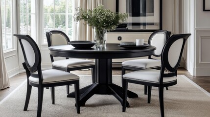 Elegant Black Table with White Chairs in Modern Dining Room Setting