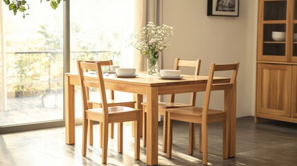 Cozy and Modern Dining Room with Wooden Table and Chairs