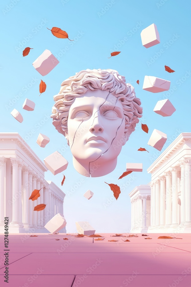 Wall mural a surreal 3d render of a floating classical bust amidst falling leaves and geometric shapes, set aga