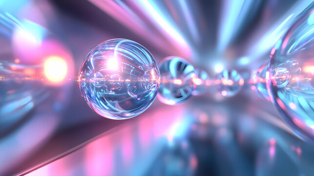 Glowing transparent spheres aligned in a futuristic cosmic setting reflecting light with a sense of parallel dimensions. Glowing Parallel Dimensions. Illustration