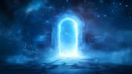 Magic fantasy door to another world, parallel dimensions and heaven, mysterious paradise, new beginnings and choice concept. Glowing Parallel Dimensions. Illustration
