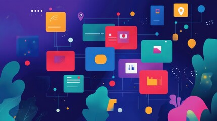 Fototapeta premium Colorful Digital Abstract Background with Geometric Shapes and Icons